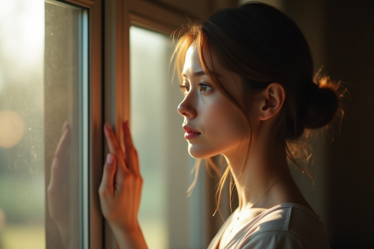 Jeune femme près d'une fenêtre avec lumière douce naturelle