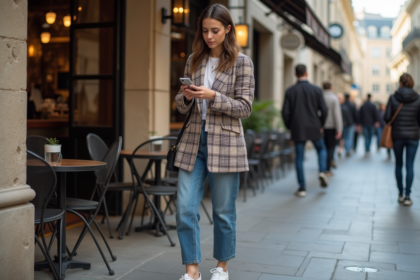 Jeune femme en blazer à carreaux vérifiant des applications mode