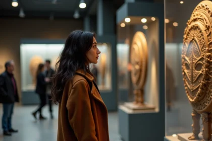 Jeune femme observant un artefact mystique dans un musée à Montpellier