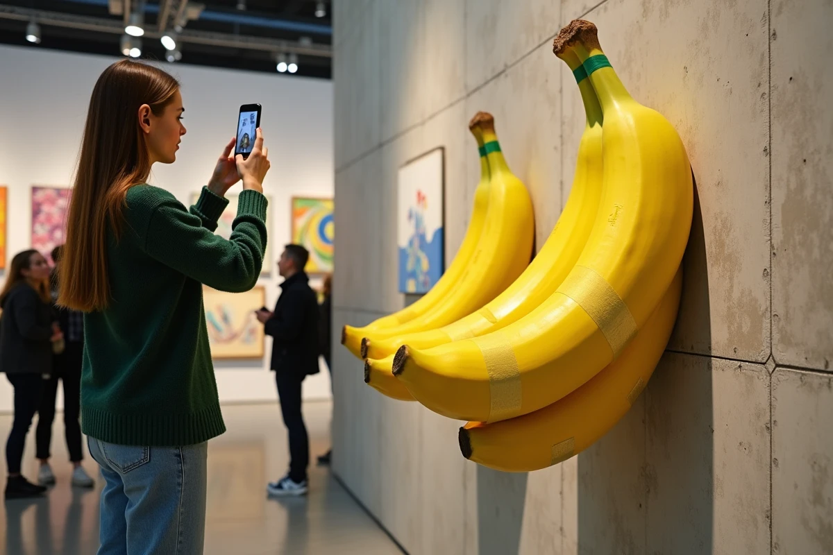 Jeune femme photographiant une installation de banane tapee avec son smartphone