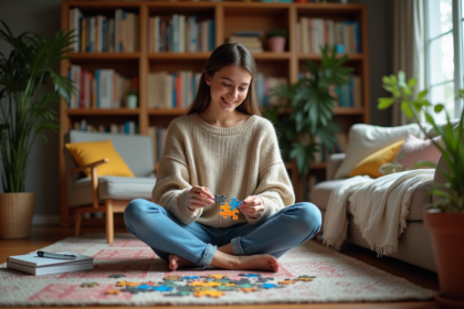Jeune femme en denim et pull puzzle dans un salon chaleureux