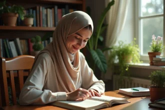 Jeune femme lisant Surat Al Mulk dans son bureau à la maison