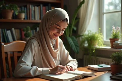 Jeune femme lisant Surat Al Mulk dans son bureau à la maison