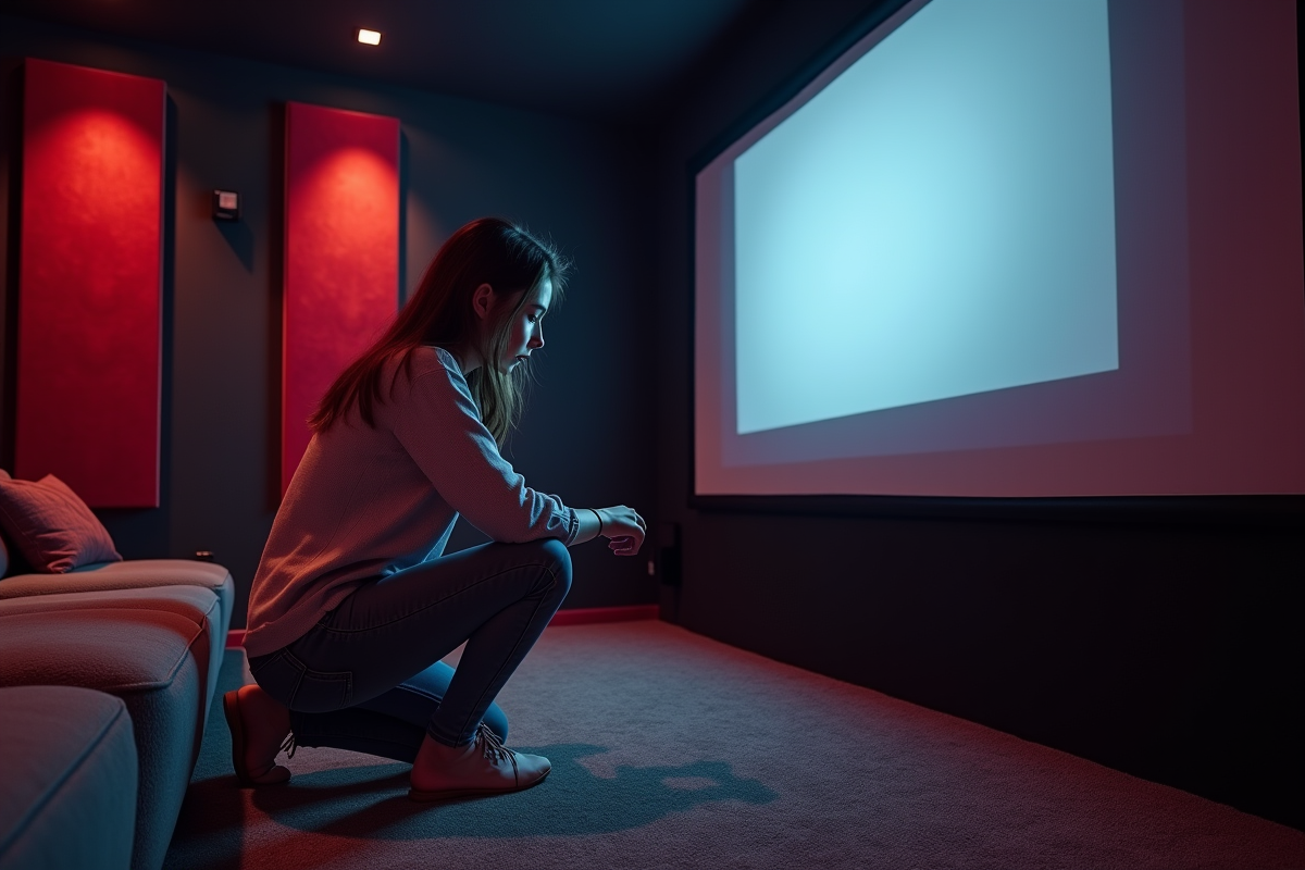 Jeune femme examine un écran dans une salle home cinéma