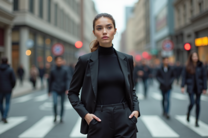 Jeune femme en turtleneck noir dans une rue animée
