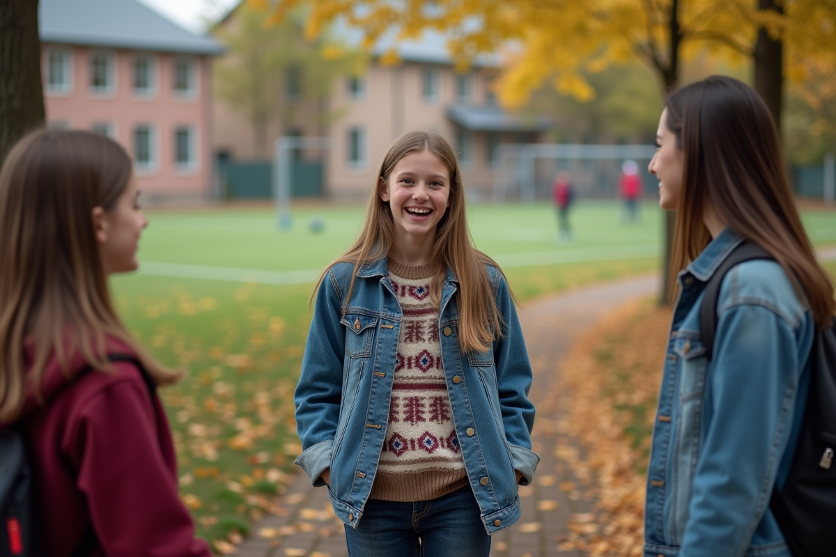 Fille de 15 ans souriante avec ses amis dans la cour de l école
