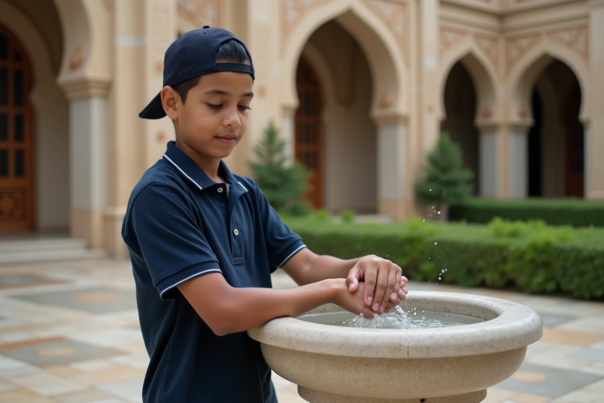 Jeune garçon musulman effectuant le lavage des bras lors du wudu dans la cour d'une mosquée, étapes de l'ablution rituelle islamique