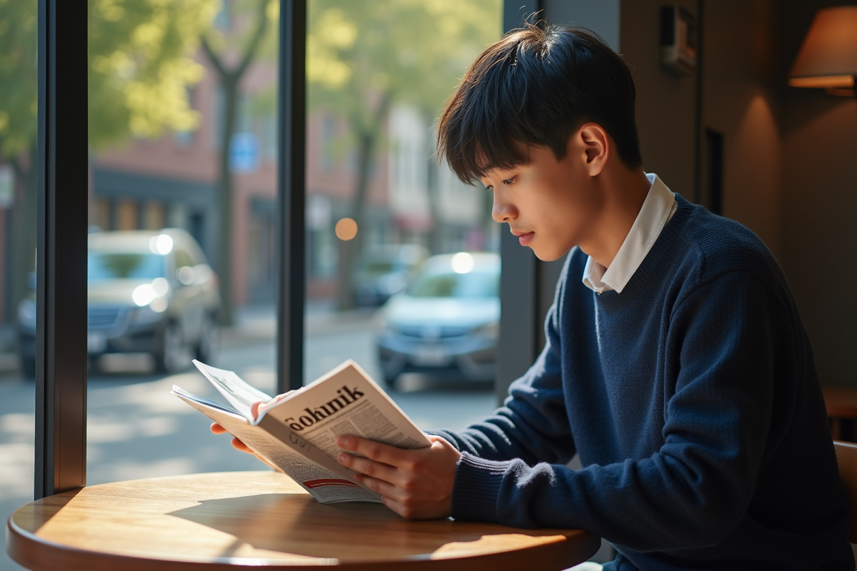 Jeune homme asiatique lisant un magazine dans un café en ville