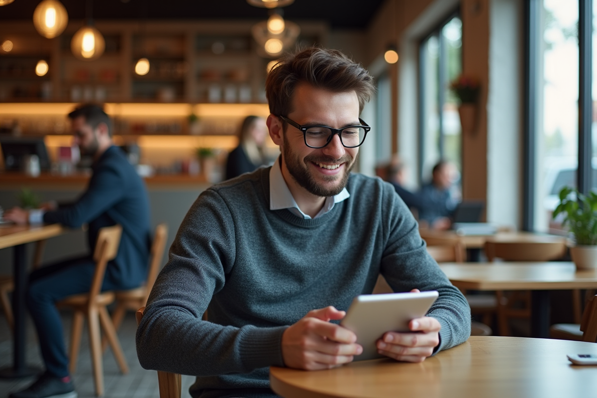 Jeune homme avec tablette dans un café urbain