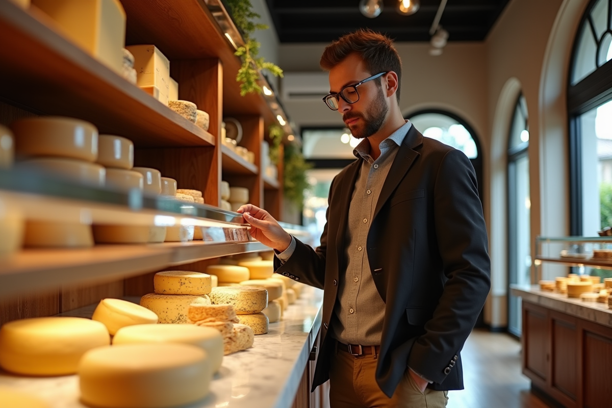 Jeune homme examine fromages dans boutique élégante