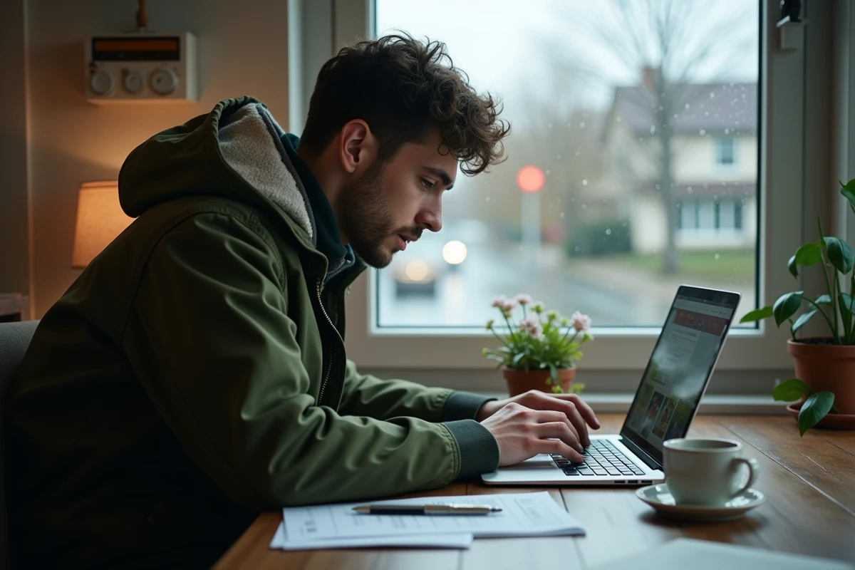 Jeune homme en parka vérifiant le site de bus sur son ordinateur