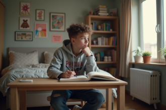 Jeune garçon de 15 ans en tenue décontractée concentré à lire dans sa chambre