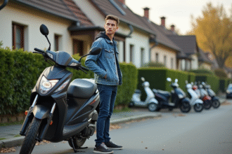 Jeune homme en denim avec moto 125cc en ville