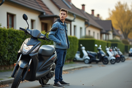 Jeune homme en denim avec moto 125cc en ville