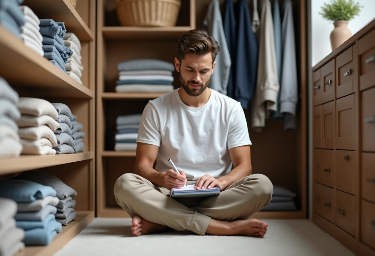 Jeune homme comptant ses vêtements dans un placard organisé