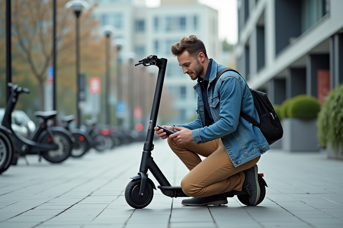 Jeune homme compare deux chargeurs de scooter électrique en ville