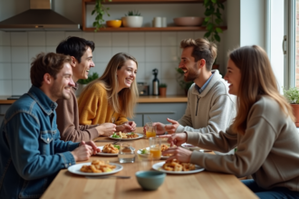 Quatre jeunes adultes partageant un repas convivial dans une cuisine chaleureuse