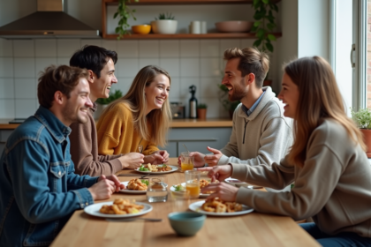 Quatre jeunes adultes partageant un repas convivial dans une cuisine chaleureuse