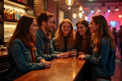 Groupe d'étudiants souriants dans un bar à Strasbourg