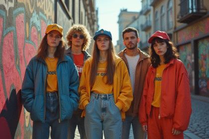 Groupe de jeunes en streetwear coloré des années 90 devant un mur graffiti