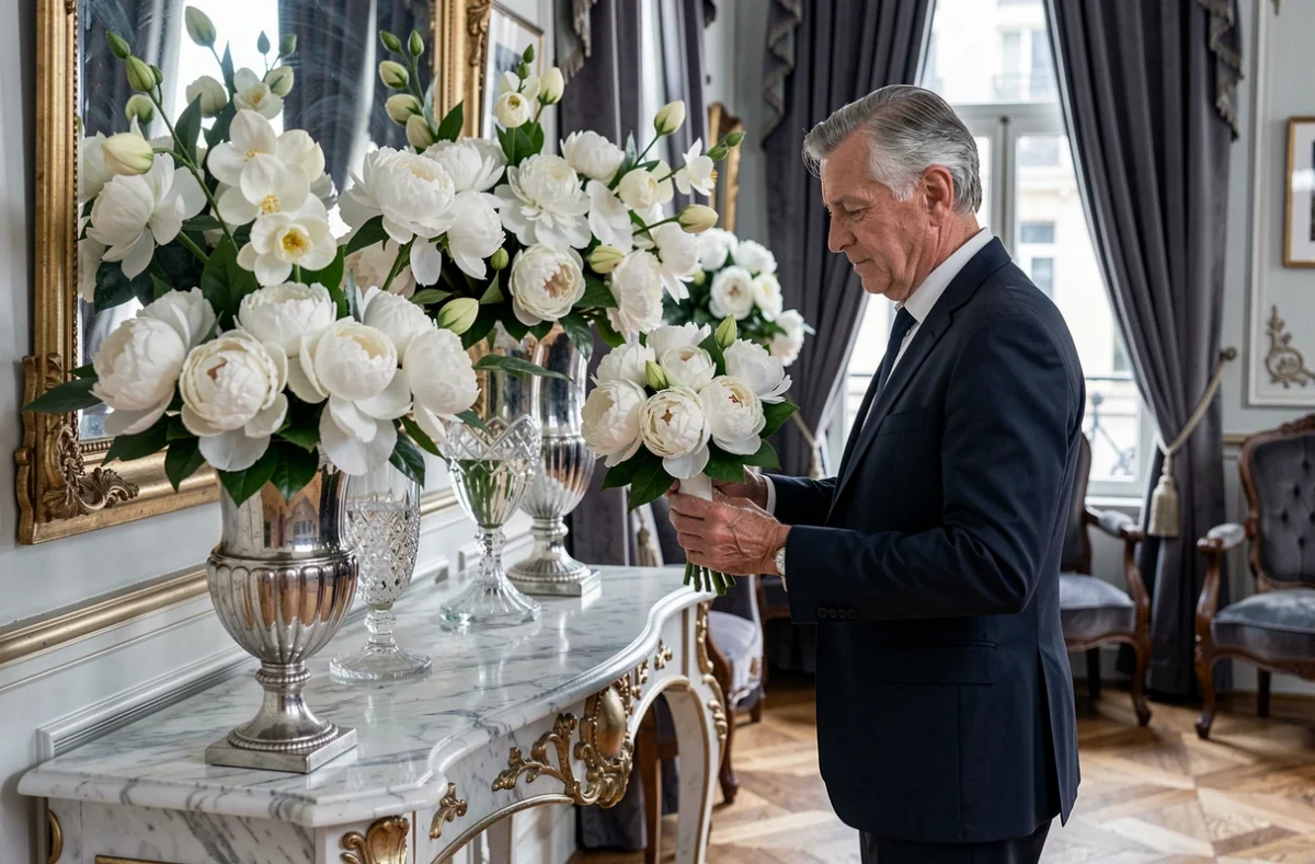 Intérieur historique et luxueux de la maison Lachaume avec des compositions de pivoines blanches et gardenias dans des urnes en argent sous des moulures dorées parisiennes