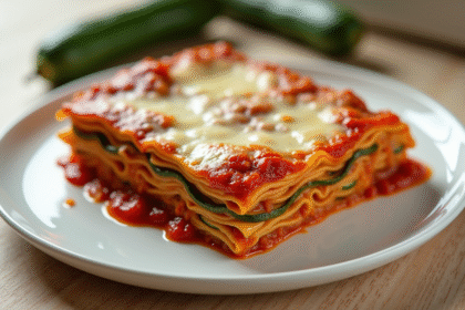 Lasagne vegetarienne aux courgettes fraîchement cuite dans un plat blanc