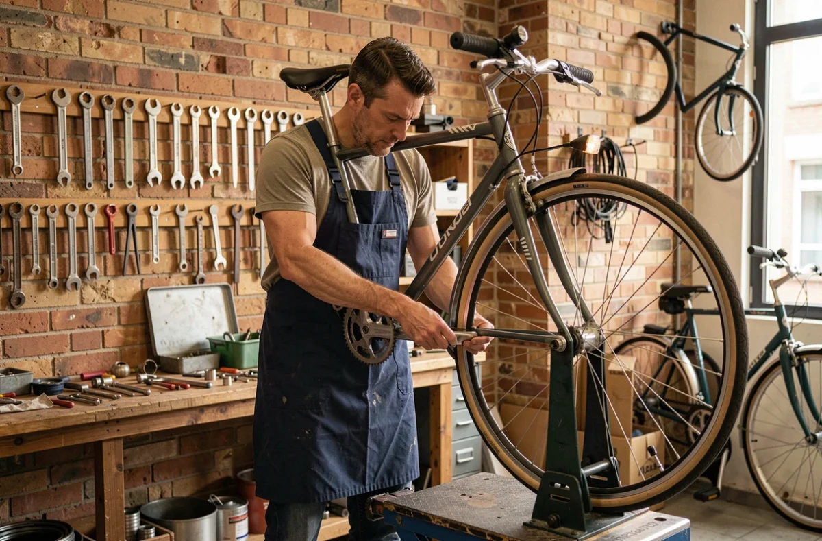 Mécanicien du Cycle Nantais réparant un vélo de ville dans son atelier au centre de Nantes