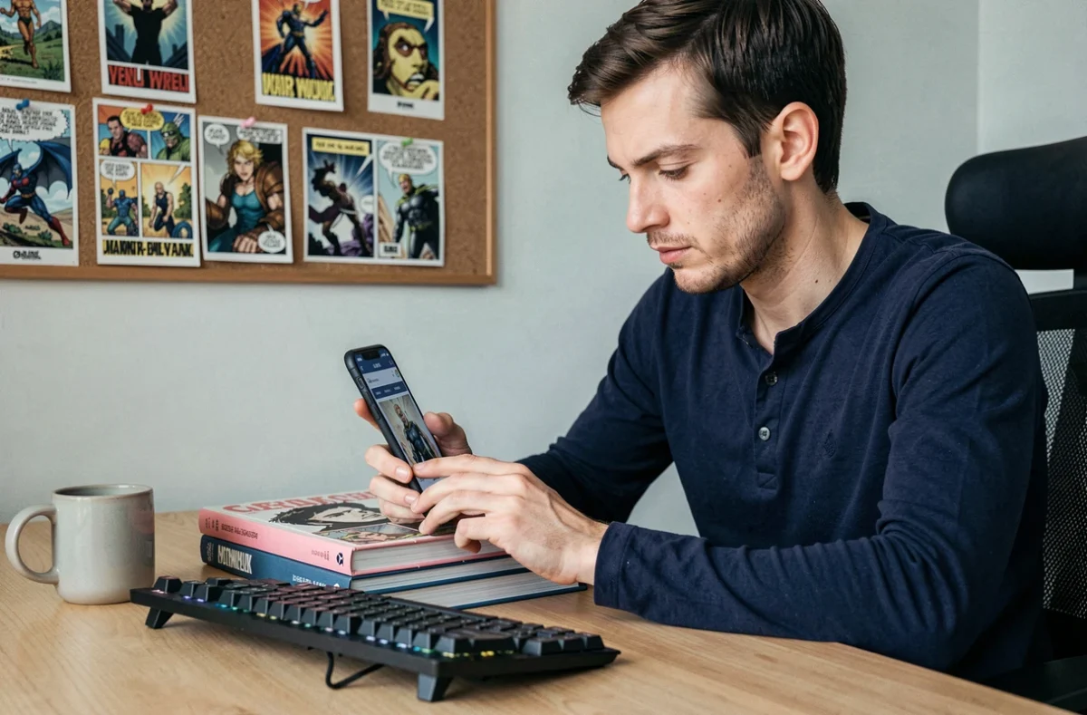 Homme adulte consultant un site de scan webtoon sur smartphone à son bureau