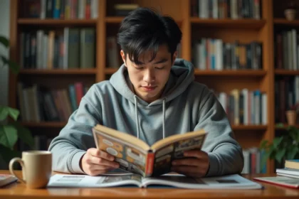 Jeune homme lisant un manhwa coréen à son bureau, entouré de volumes de manga et de bandes dessinées
