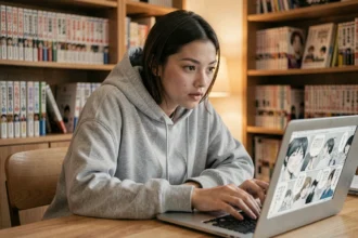 Jeune femme lisant des scans de manga gratuitement sur un ordinateur portable depuis chez elle