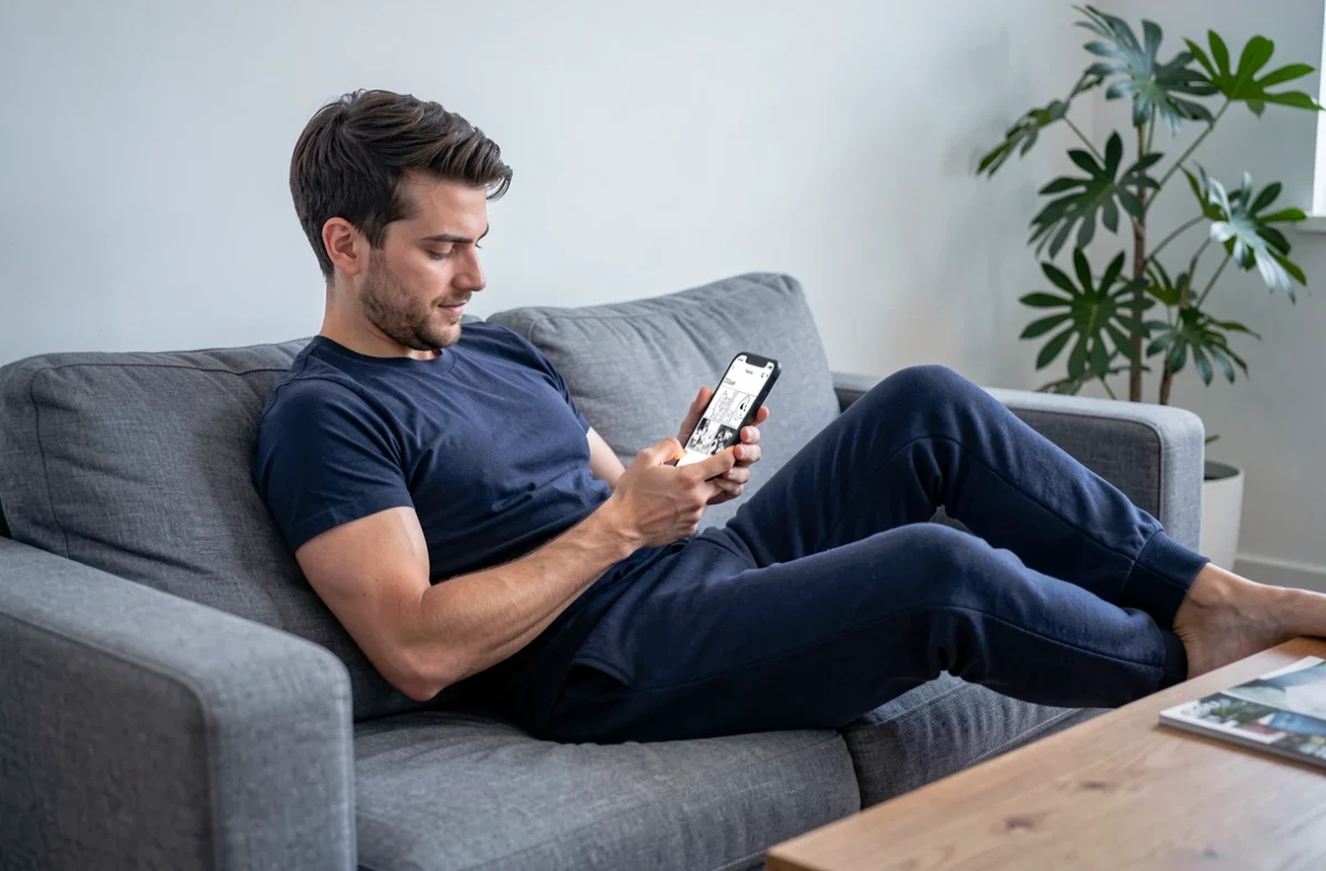 Homme adulte lisant des scans manga sur smartphone allongé dans son salon moderne