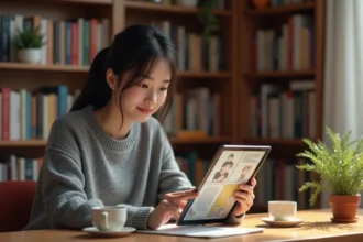 Jeune femme lisant un webtoon de qualité sur une tablette numérique dans un bureau cosy