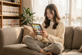 Jeune femme lisant un webtoon sur tablette confortablement installée dans son salon