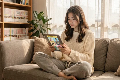 Jeune femme lisant un webtoon sur tablette confortablement installée dans son salon