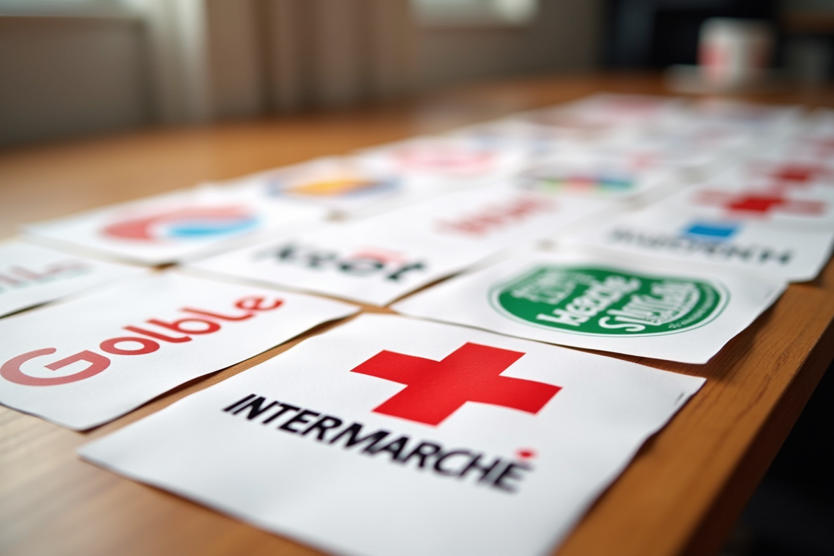 Logos Intermarché de différentes décennies sur une table en bois