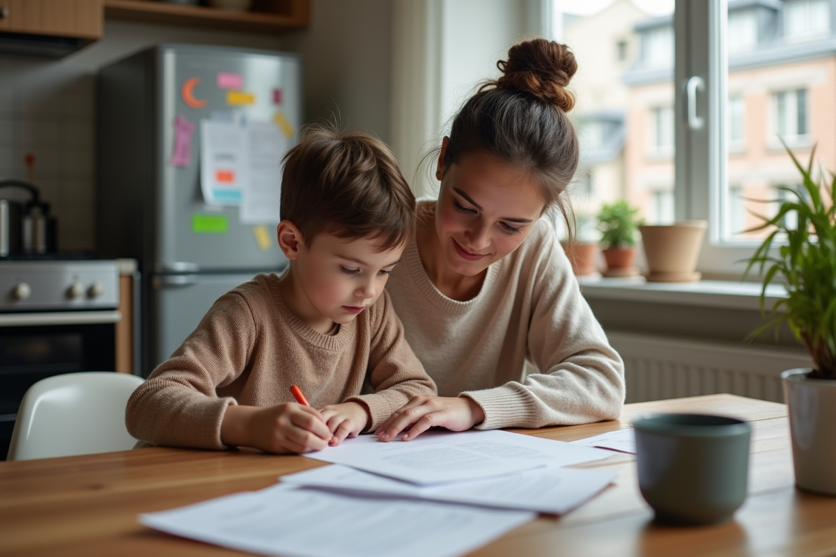 Mère et enfant regardant des documents dans la cuisine chaleureuse
