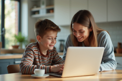 Mère et adolescent utilisant un ordinateur à la cuisine