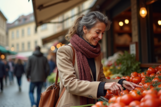 Femme souriante au marché français avec tomates mûres