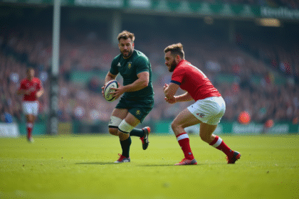 Match de rugby en pleine action sous la lumière du jour