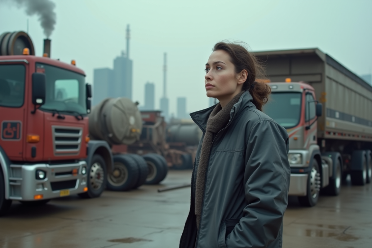 Mecanicien femme observe les emissions d’un camion diesel