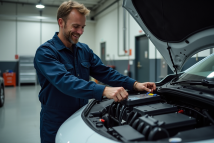 Mécanicien inspectant une batterie électrique dans un garage moderne