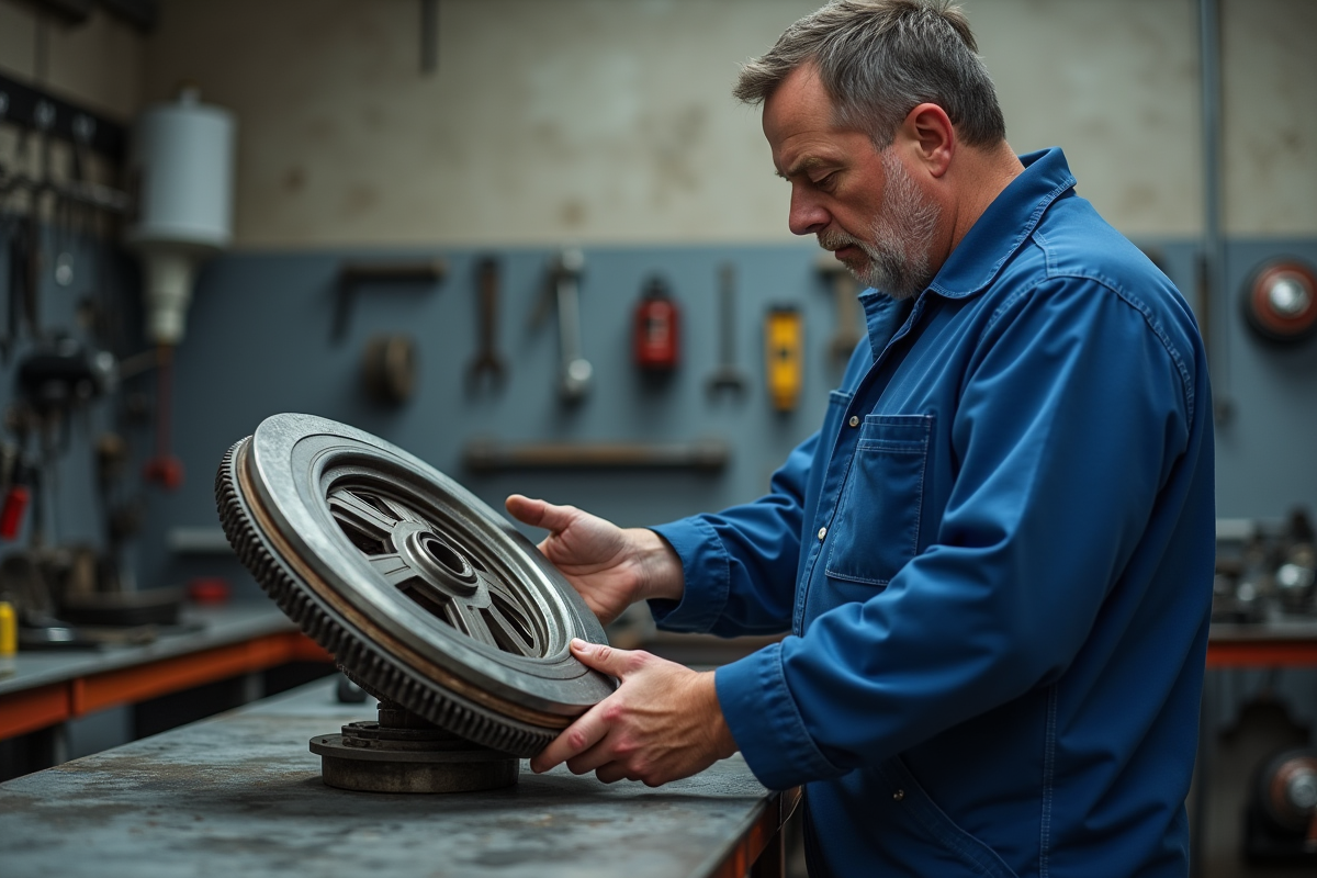 Mécanicien homme examinant un volant moteur dans l'atelier