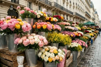 Marché aux fleurs parisien avec des bouquets colorés de pivoines, roses et mimosas disposés en plein air sur les pavés d'Île-de-France