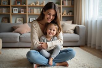Mère et fille souriantes dans un salon chaleureux
