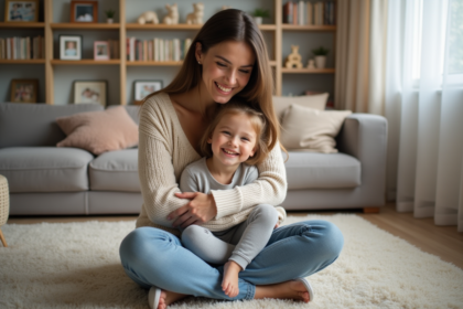 Mère et fille souriantes dans un salon chaleureux