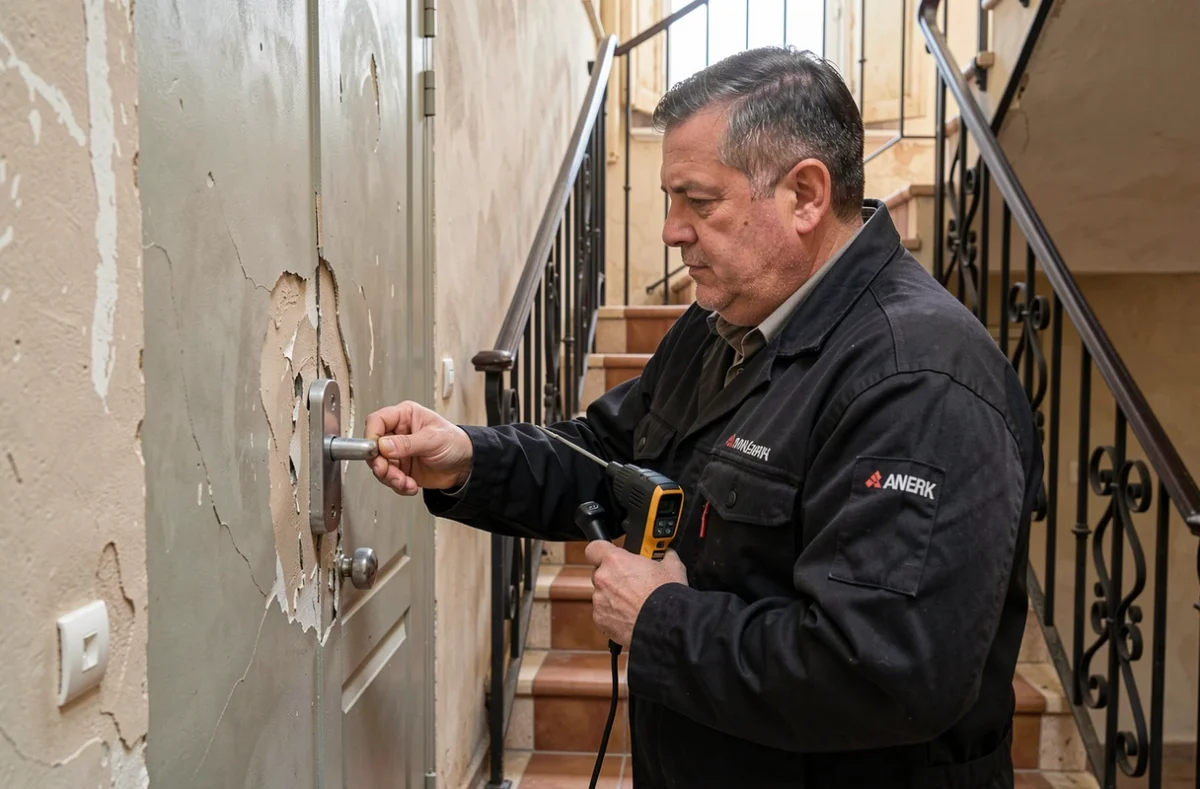 Serrurier Mir Serrurerie utilisant un outil de diagnostic professionnel sur une serrure endommagée dans un immeuble montpelliérain