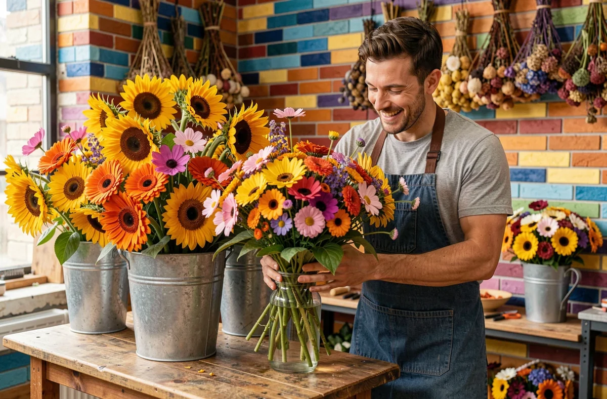 Fleuriste de Monsieur Marguerite arrangeant un bouquet exubérant de tournesols et gerberas colorés dans un atelier floral parisien aux murs en brique peinte