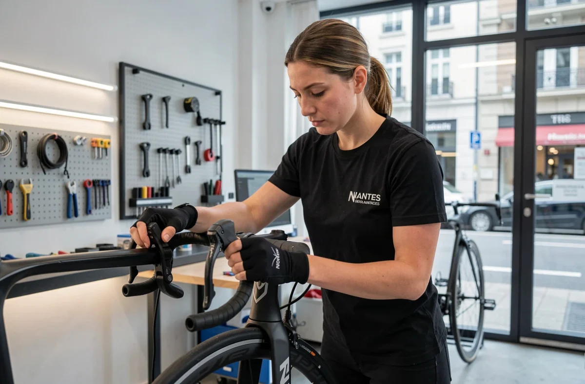 Technicienne spécialisée de NaoBike réglant les freins hydrauliques d'un vélo de route à Nantes