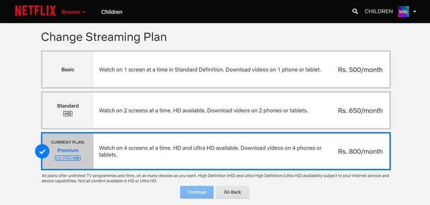 List of Netflix subscription plans including: Basic, Standard and Premium which supports streaming 4k Ultra HD content.