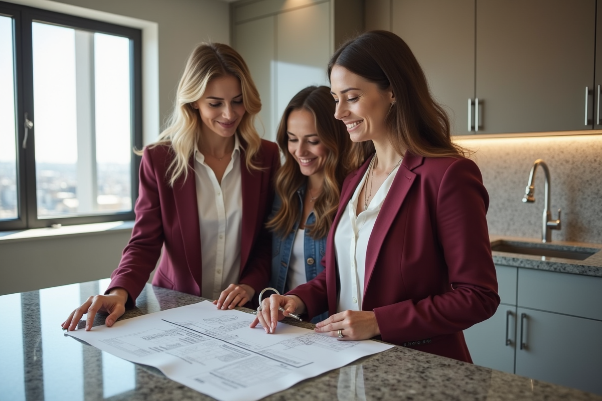 Notaire femme en blazer burgundy avec couple dans appartement
